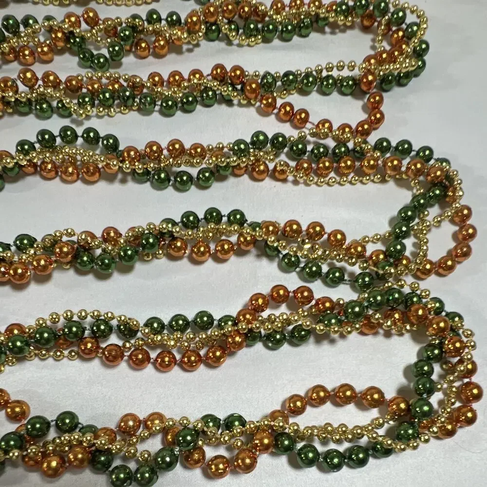 Vintage Faux Plastic Beaded Garland Green Gold Orange Holiday Strand Almost 9 ft